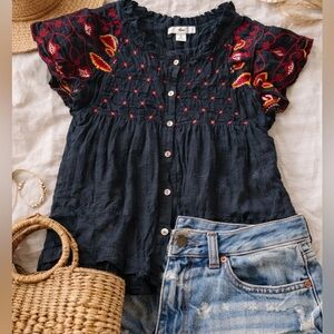 THML Black Embroidered Smocked Boho Blouse Top Cotton Flutter Sleeve S